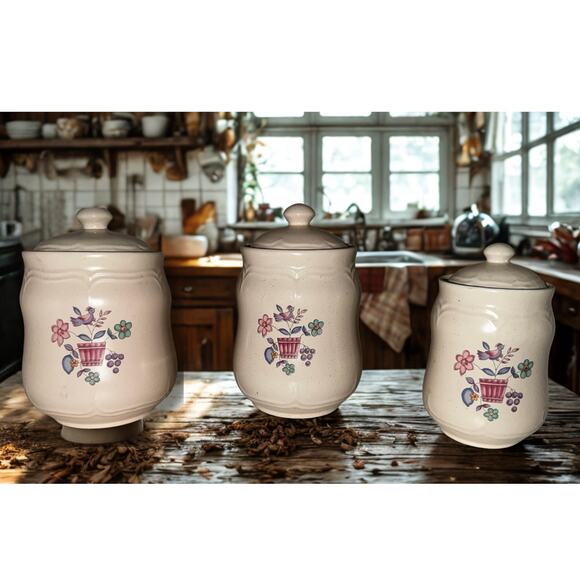 International China Stoneware Canister Set | 3-Piece Floral Bird Kitchen Decor - Picture 11 of 11